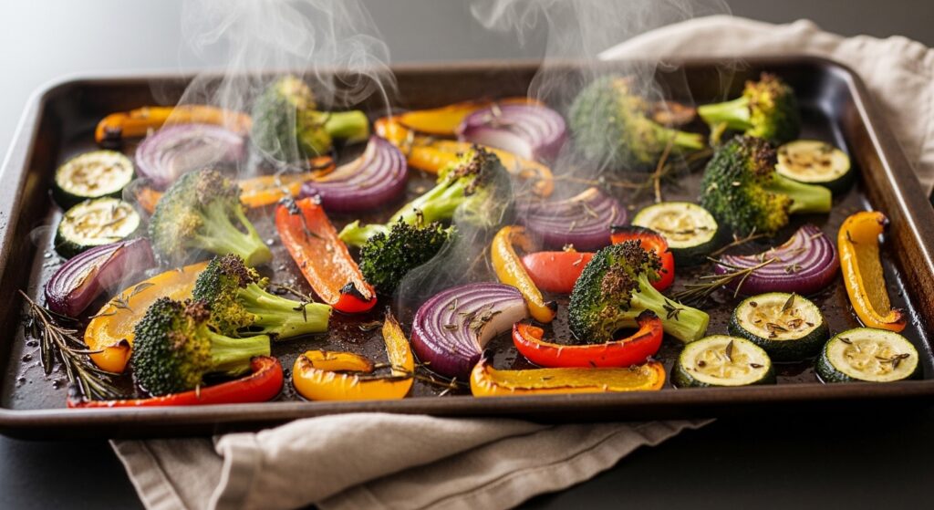 Perfectly roasted oven-roasted butternut squash and brussels sprouts.
