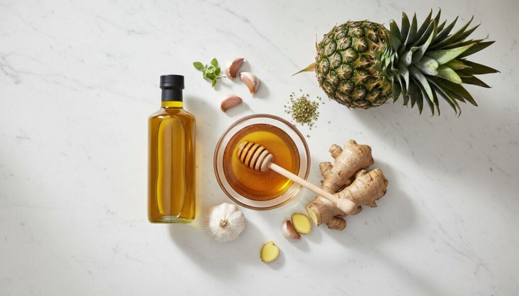 Ingredients for healthy pineapple chicken including olive oil and honey.