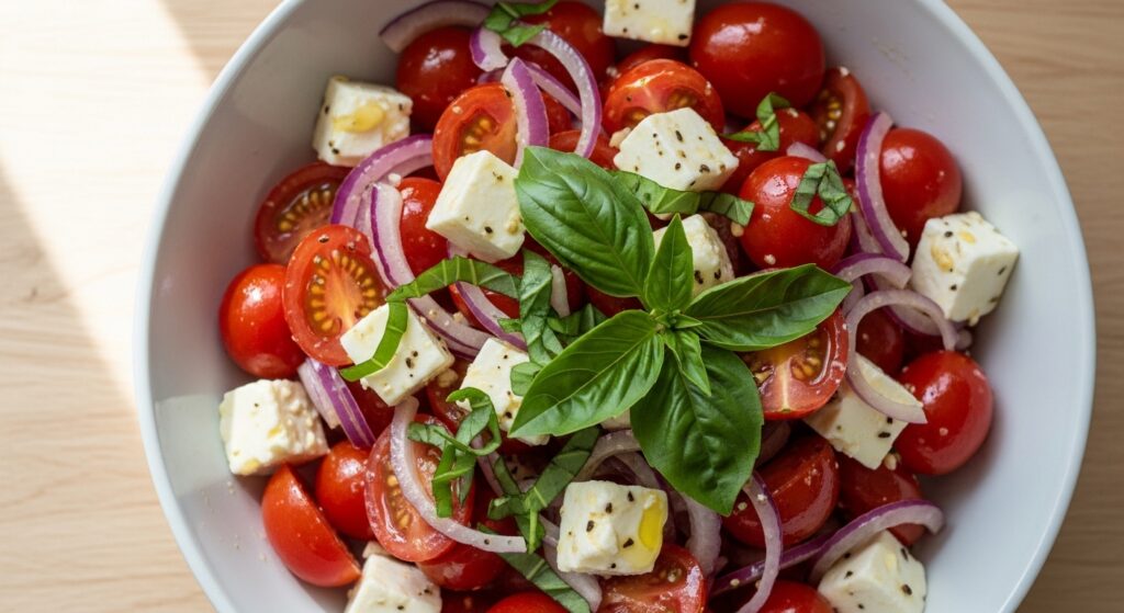 Overhead view of a Mediterranean Magic Tomato Salad recipe with cherry tomatoes and feta.