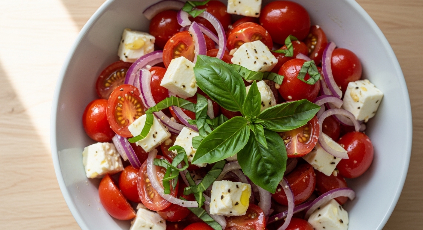 Overhead view of a Mediterranean Magic Tomato Salad recipe with cherry tomatoes and feta.