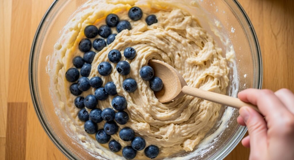Folding fresh blueberries into thick pancake batter.