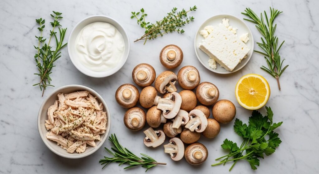 Ingredients for Mediterranean chicken mushroom casserole including Greek yogurt and feta.