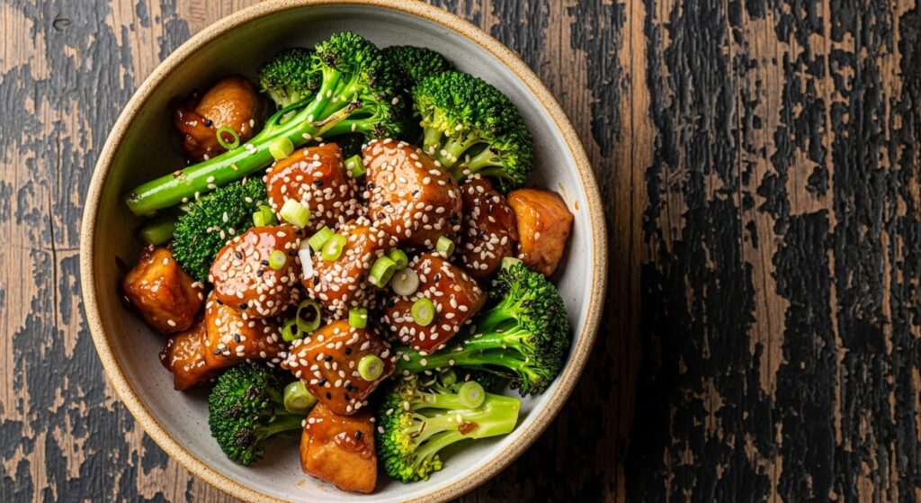 Healthy Bourbon Chicken with Broccoli recipe served in a bowl.