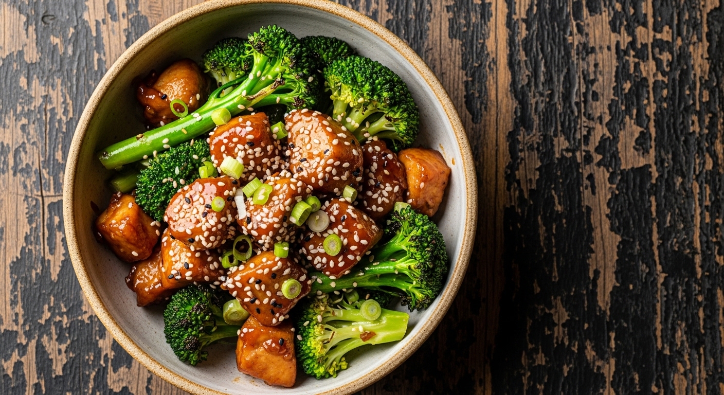 Healthy Bourbon Chicken with Broccoli recipe served in a bowl.