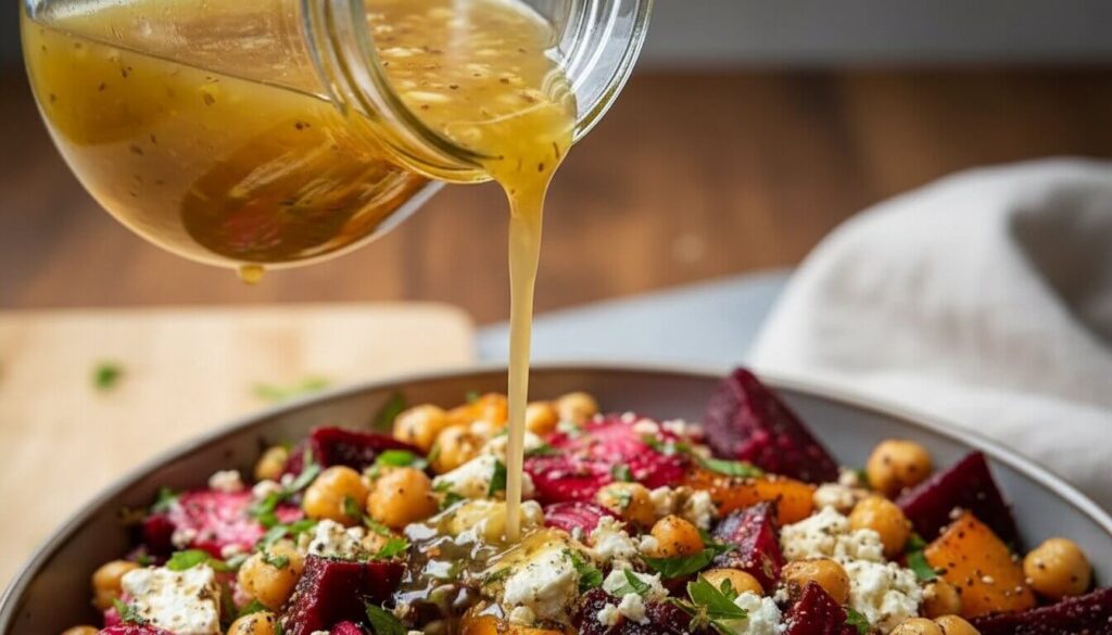Drizzling homemade lemon-garlic vinaigrette over a beet and chickpea salad.