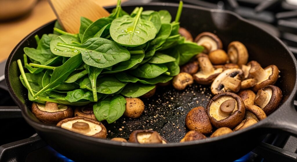 Adding fresh spinach to healthy chicken mushroom spinach bake.