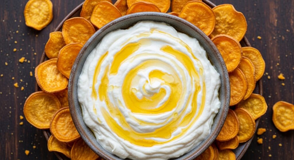 Whipped Feta Dip with Hot Honey Sweet Potato Chips on a blue Mediterranean plate.