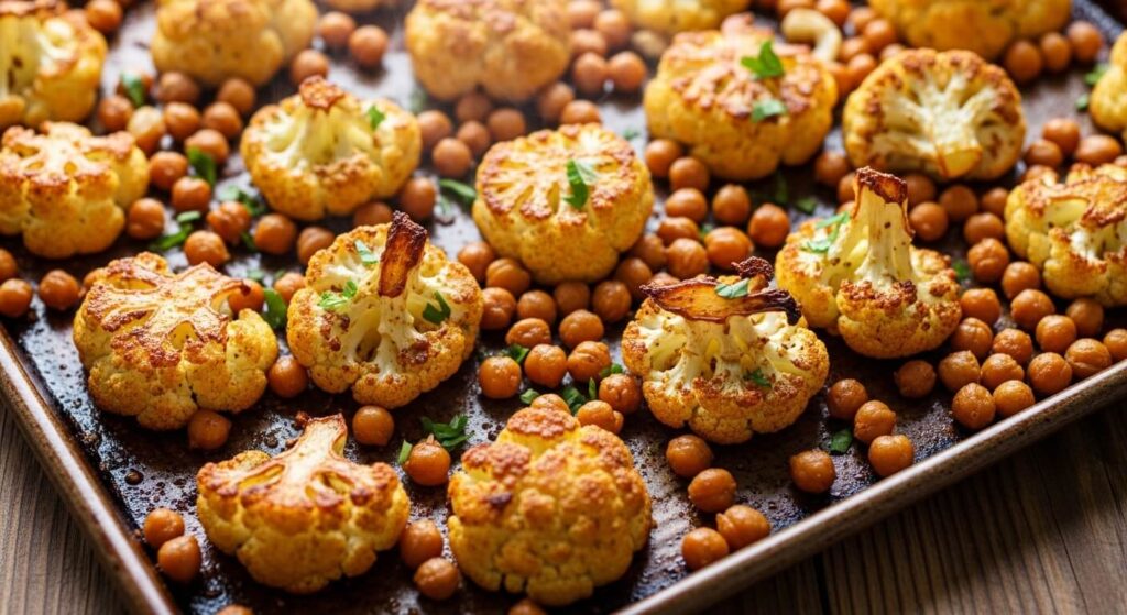 Caramelized roasted cauliflower and chickpeas for a healthy grain bowl.