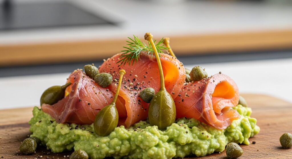 Smoked salmon avocado toast with fresh dill and capers.