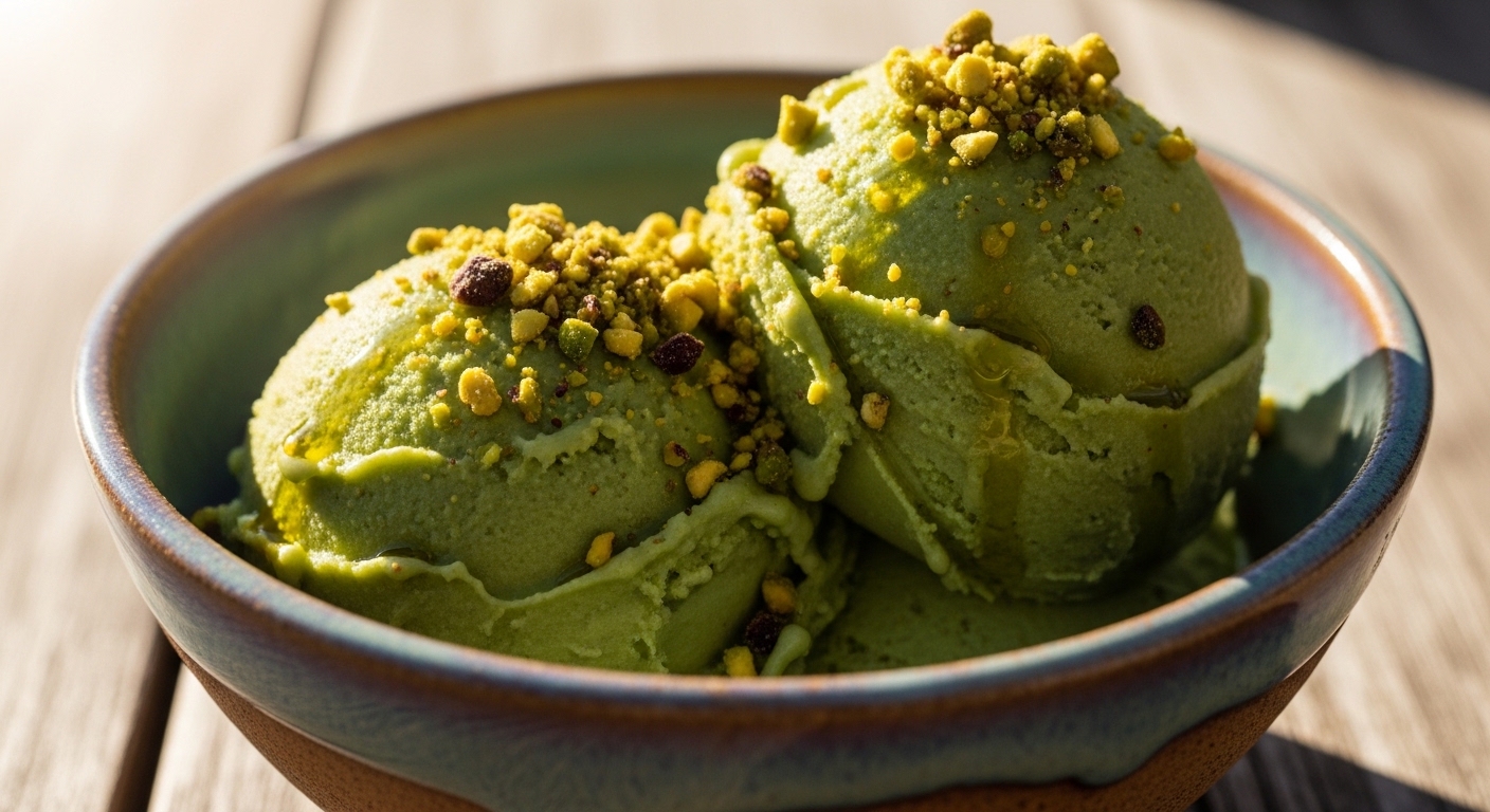 Creamy Mediterranean pistachio protein gelato in a bowl topped with nuts.