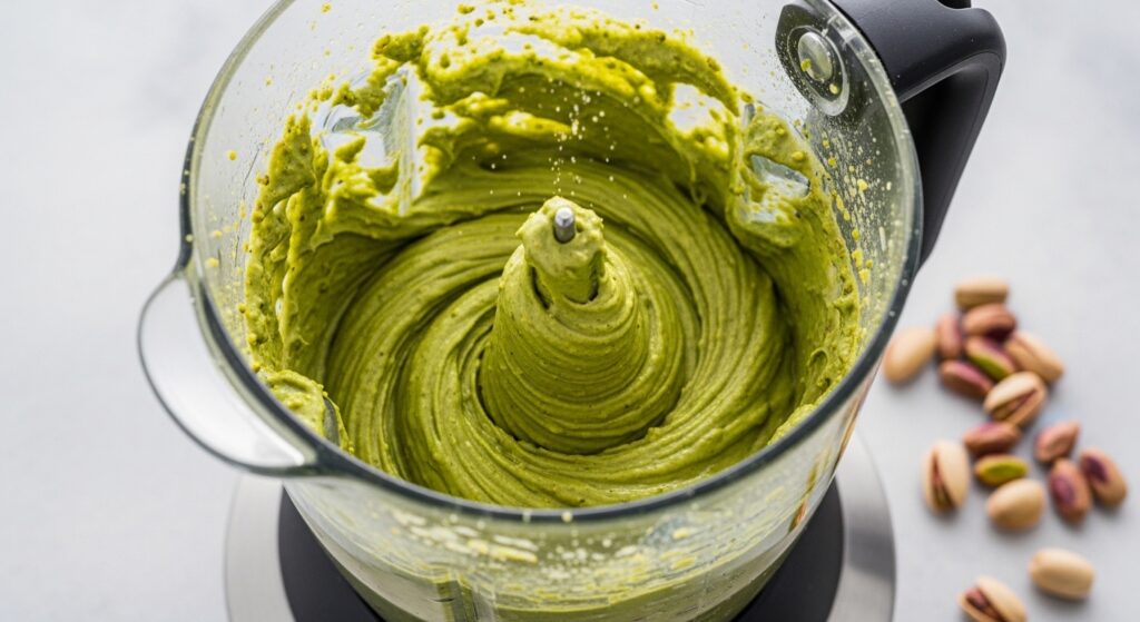 Blending pistachios and Greek yogurt to make a smooth gelato base.