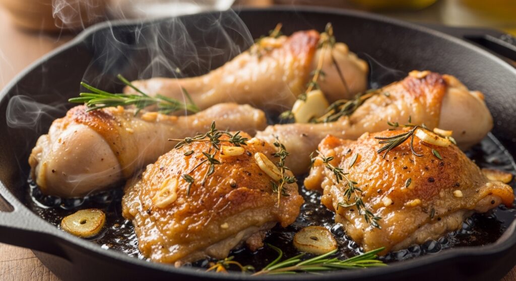 Browning chicken cubes in a skillet for bourbon chicken recipe.