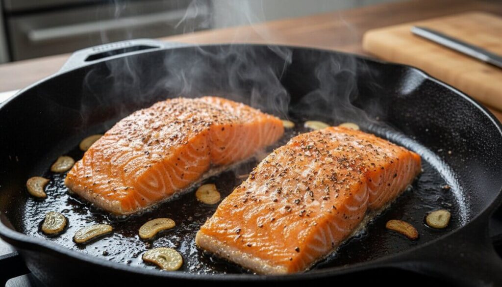 Searing salmon for Mediterranean seafood recipe