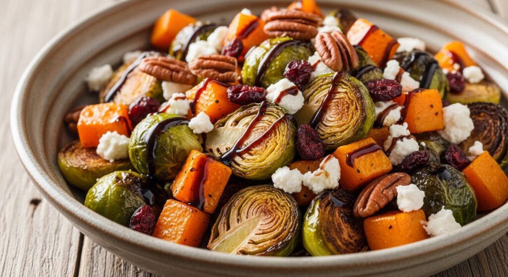 Roasted brussels sprouts and butternut squash salad with goat cheese and cranberries.