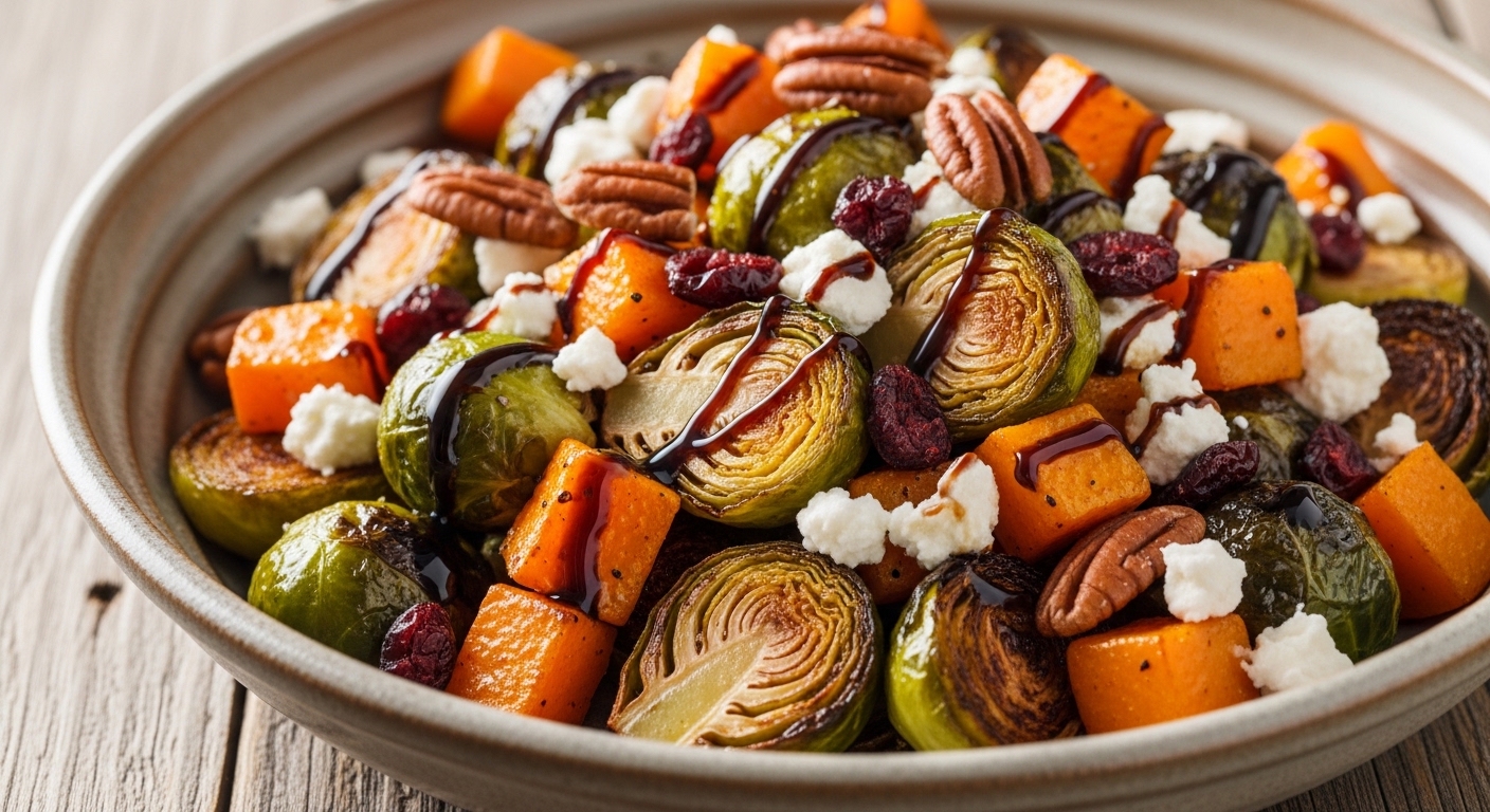 Roasted brussels sprouts and butternut squash salad with goat cheese and cranberries.