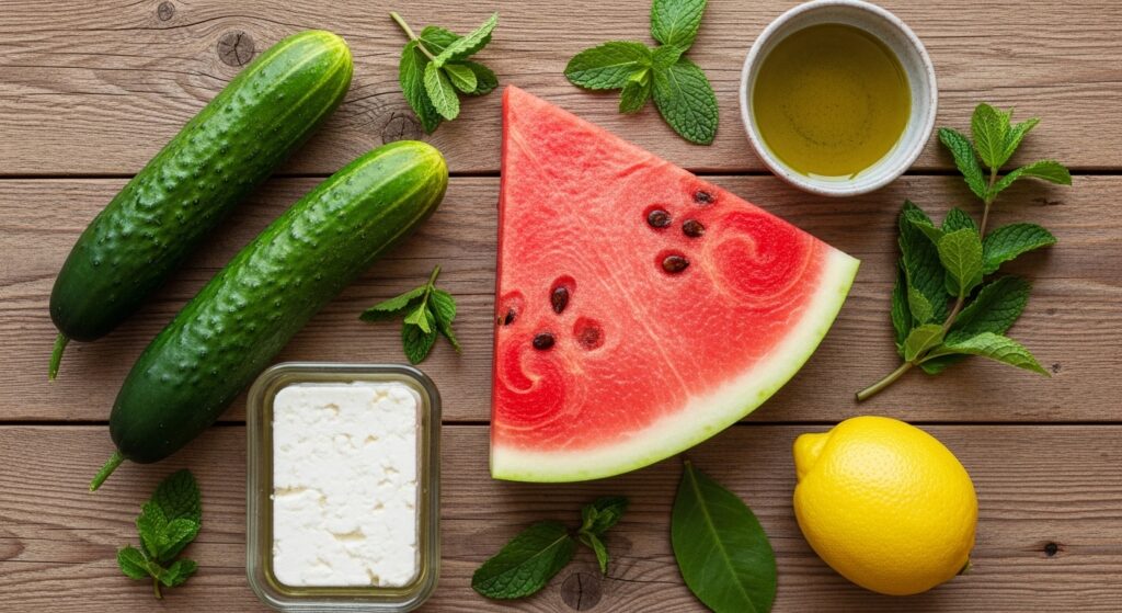Ingredients for watermelon cucumber salad with feta laid out on a wooden table.
