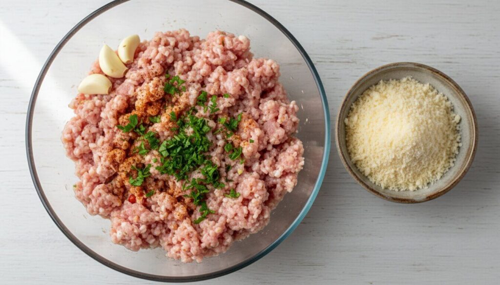 Ingredients for ground chicken meatloaf with parmesan and garlic.