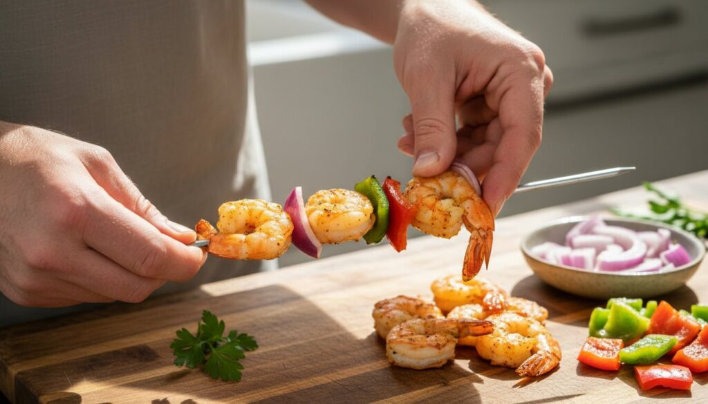 How to thread shrimp and vegetables on a skewer.