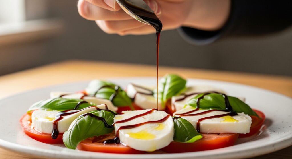 Drizzling balsamic glaze over a Mediterranean caprese salad.