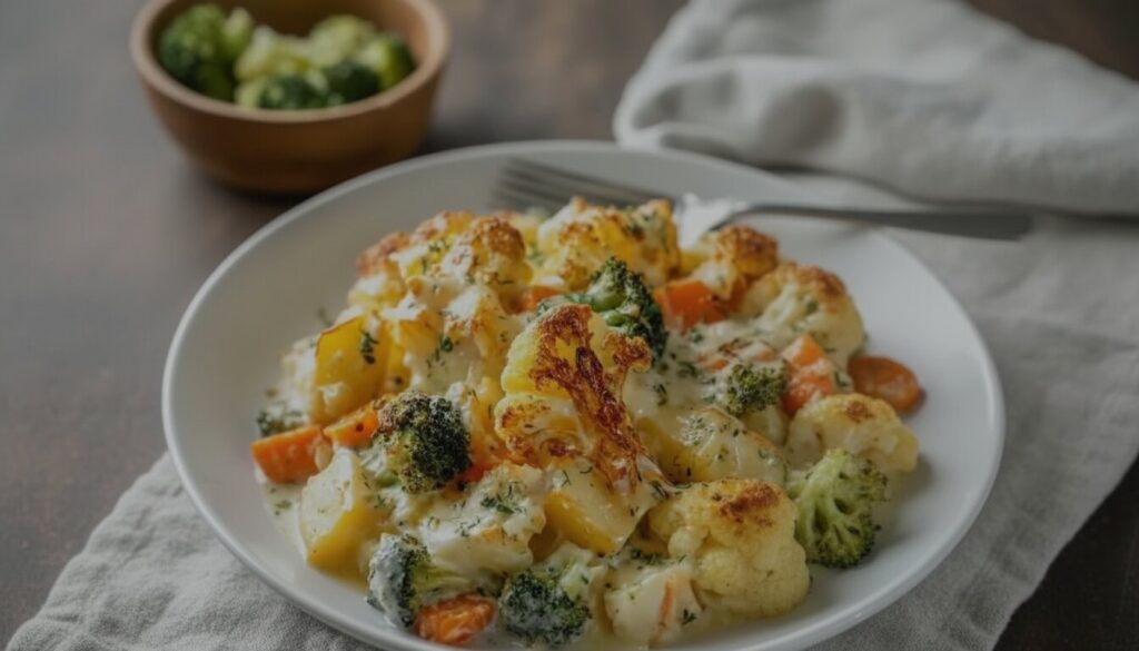 A top-down view of the Mediterranean creamy vegetable bake in a white ceramic dish, bubbling and golden brown.