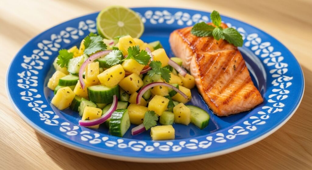 Mediterranean pineapple cucumber salad served as a side dish with grilled fish.