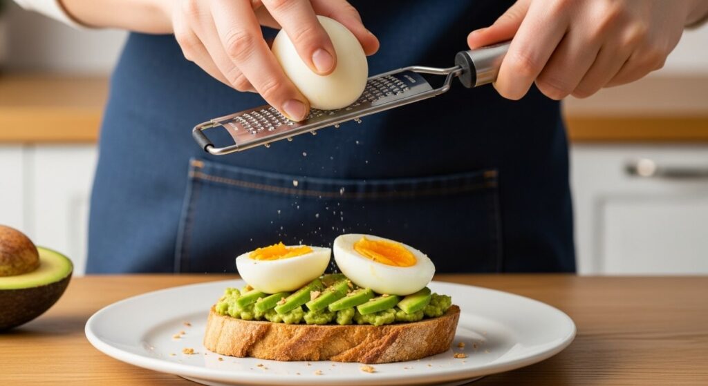 grated egg avocado toast on a wooden table.