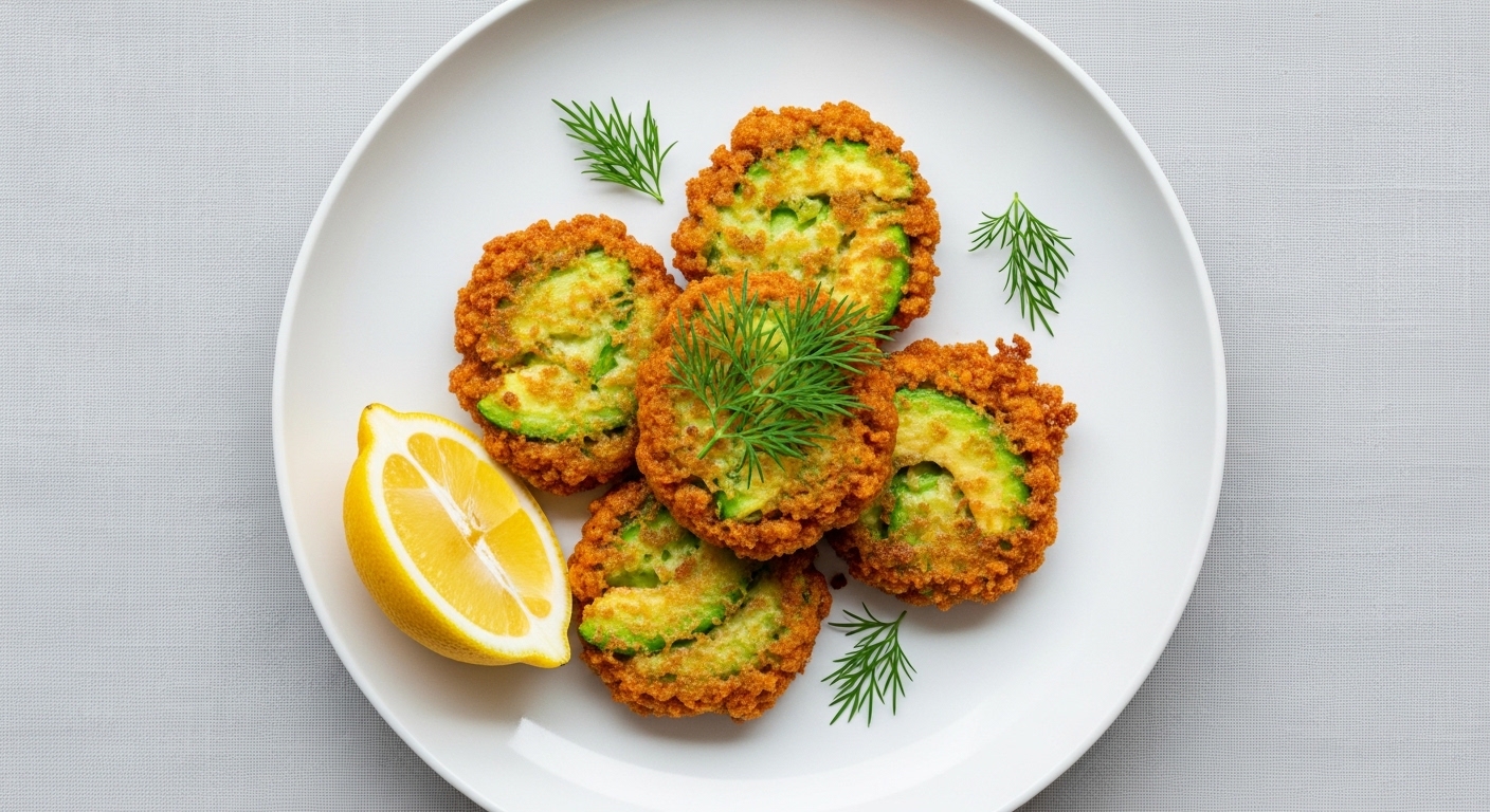 Crispy avocado and egg fritters served on a white plate with Mediterranean herbs.