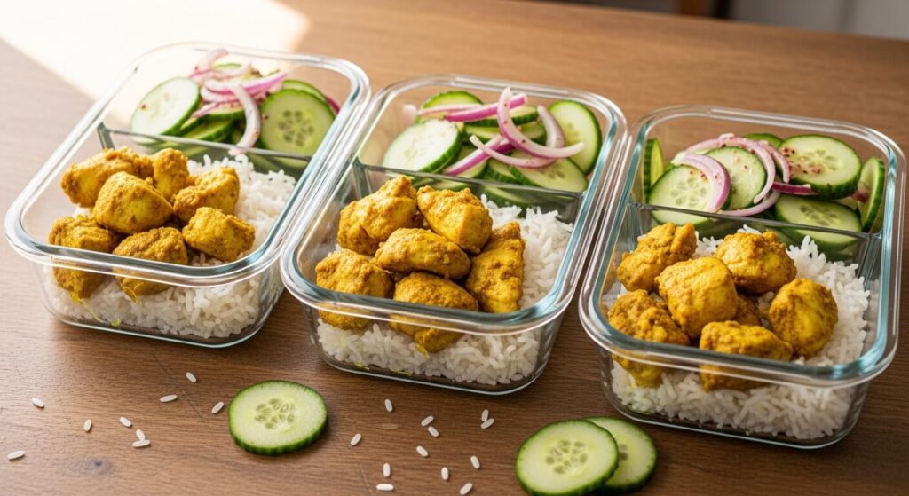 Healthy turmeric chicken and rice meal prep in glass containers.