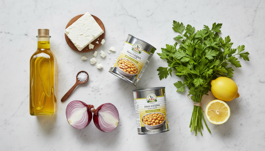 Ingredients for chickpea salad recipe including garbanzo beans, fresh herbs, and lemon.