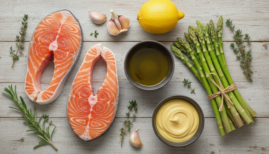Fresh ingredients for a healthy salmon and asparagus recipe.