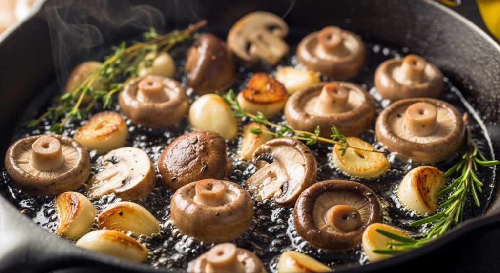 Sautéing mushrooms and garlic for baked chicken spinach mushroom recipe.