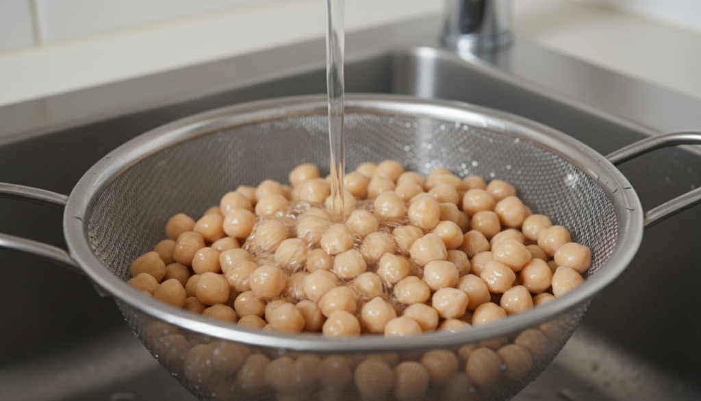Rinsing canned chickpeas in a colander under a kitchen faucet.