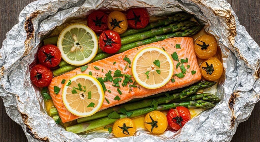 Baked Salmon in Foil with Asparagus and Lemon Garlic Sauce recipe on a rustic wooden table.