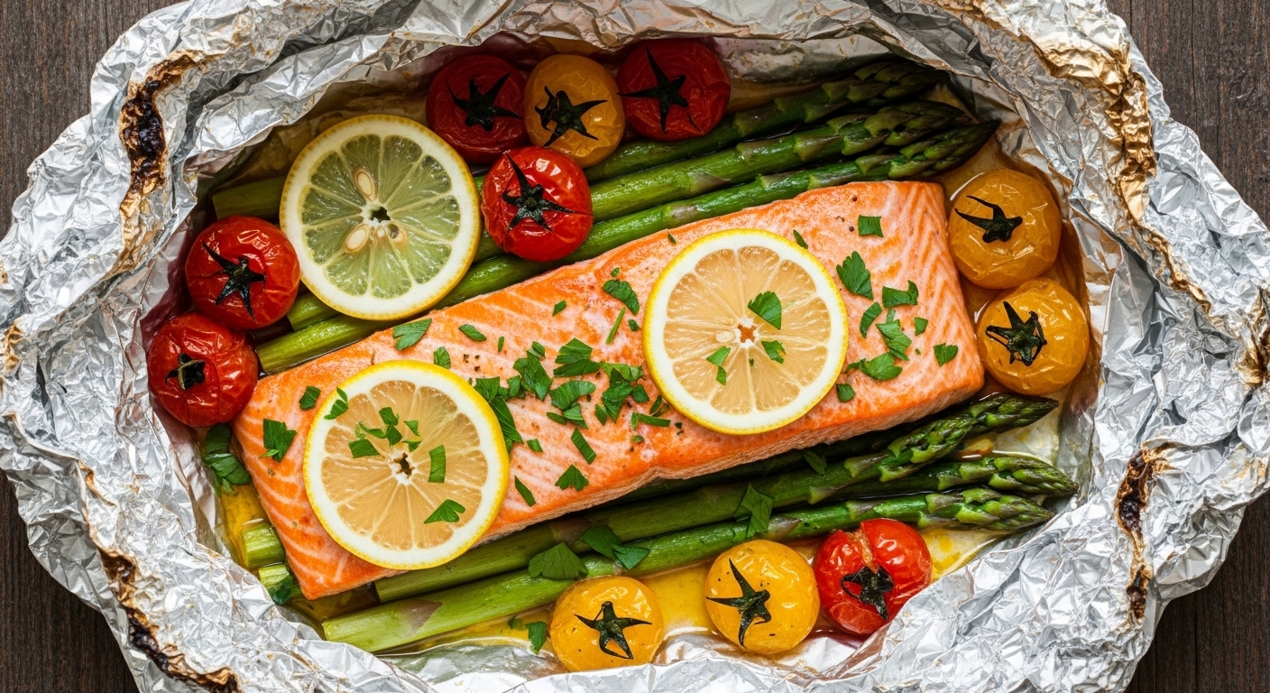 Baked Salmon in Foil with Asparagus and Lemon Garlic Sauce recipe on a rustic wooden table.
