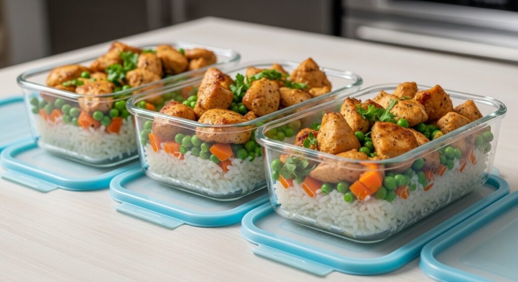 Meal prep containers with Greek chicken and rice for the Mediterranean diet.
