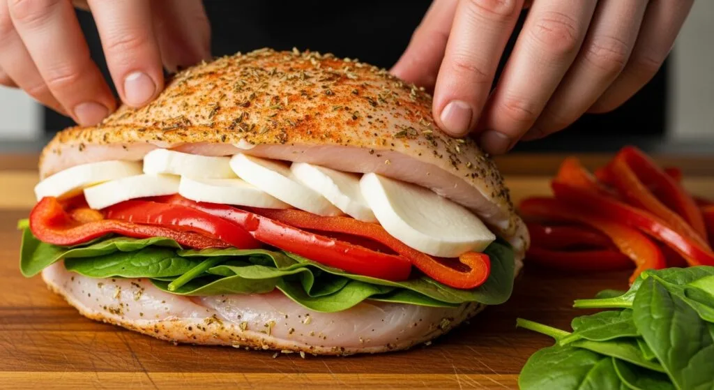 Stuffing chicken breast with spinach, peppers, and mozzarella.