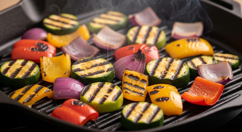 Colorful zucchini, red onions, and bell peppers with grill marks sizzling on a black cast-iron grill pan.