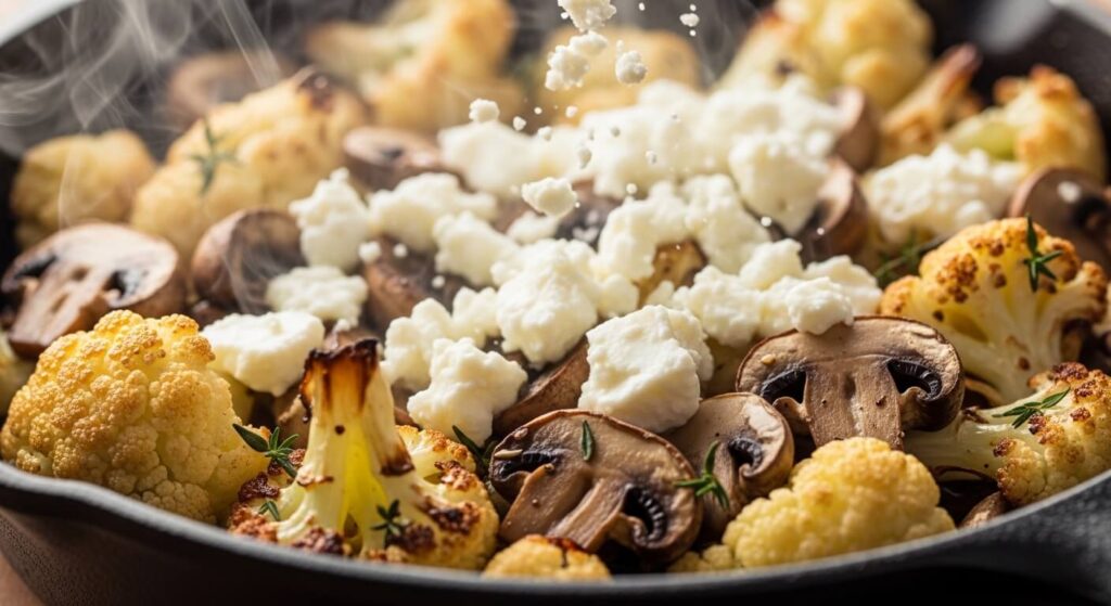 Adding feta cheese to a Mediterranean vegetable skillet.