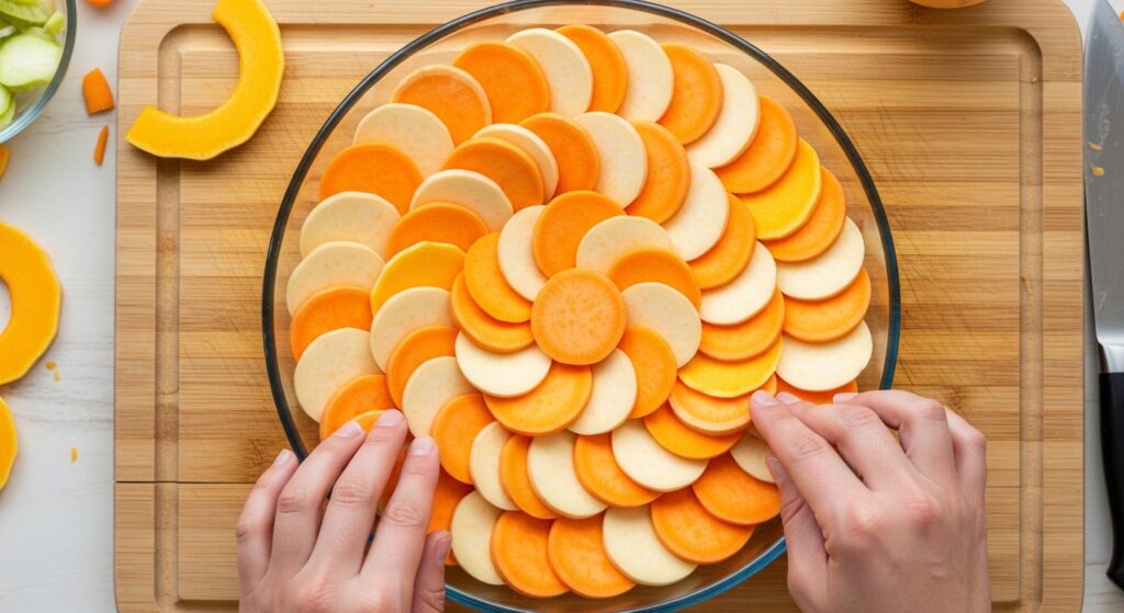 Step-by-step process of layering sliced vegetables for a Mediterranean squash bake.