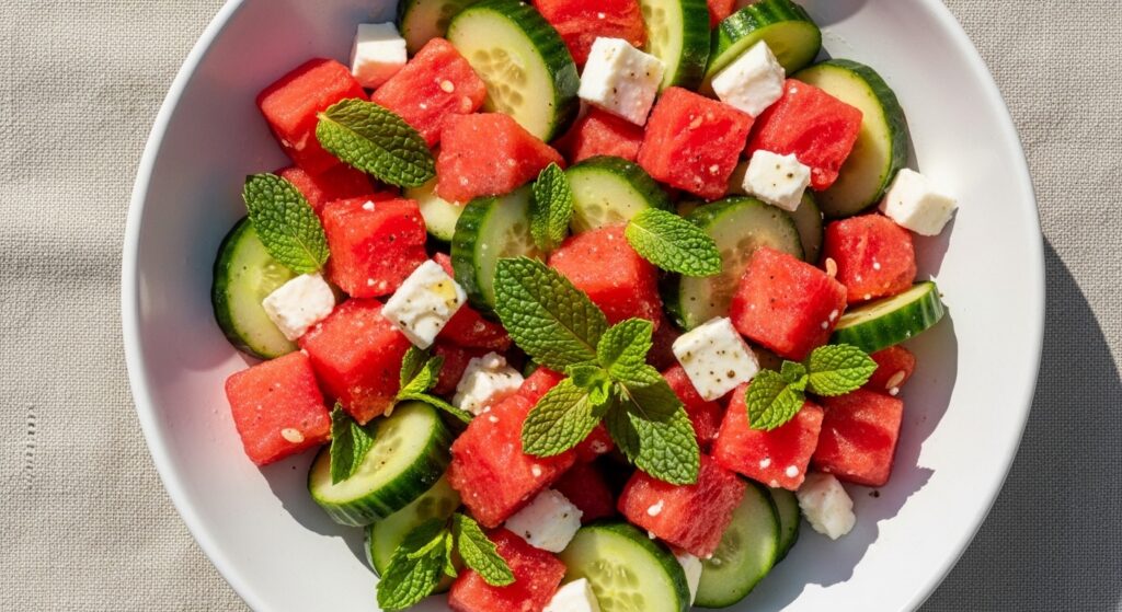 A refreshing Watermelon Cucumber Feta Salad with mint in a white bowl.