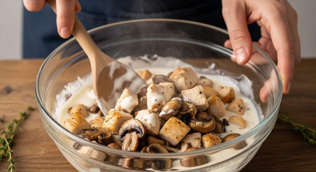 Mixing chicken and mushrooms into a creamy Greek yogurt and cheese base.