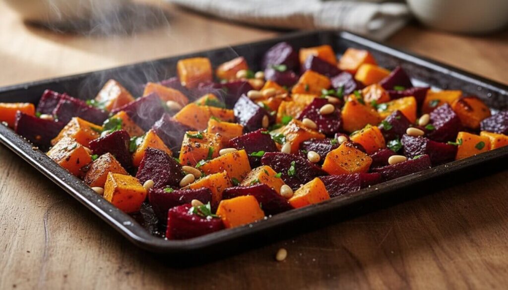 Oven-roasted beets and butternut squash with caramelized edges.