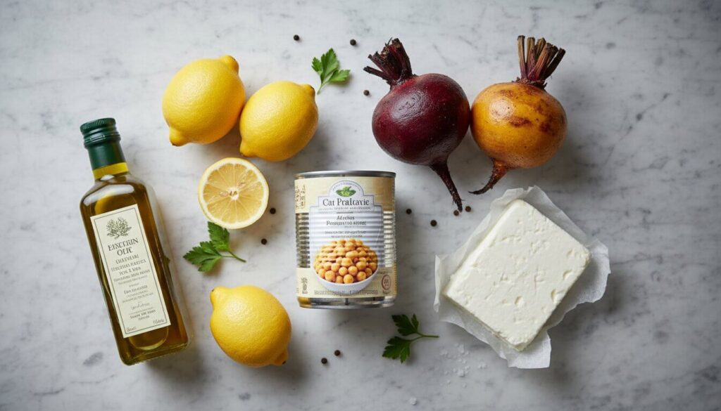 Raw ingredients for making a Chickpea, Beet and Feta salad spread across a table.