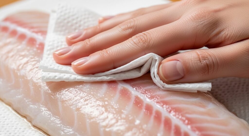 Patting raw cod fish dry with a paper towel for searing.