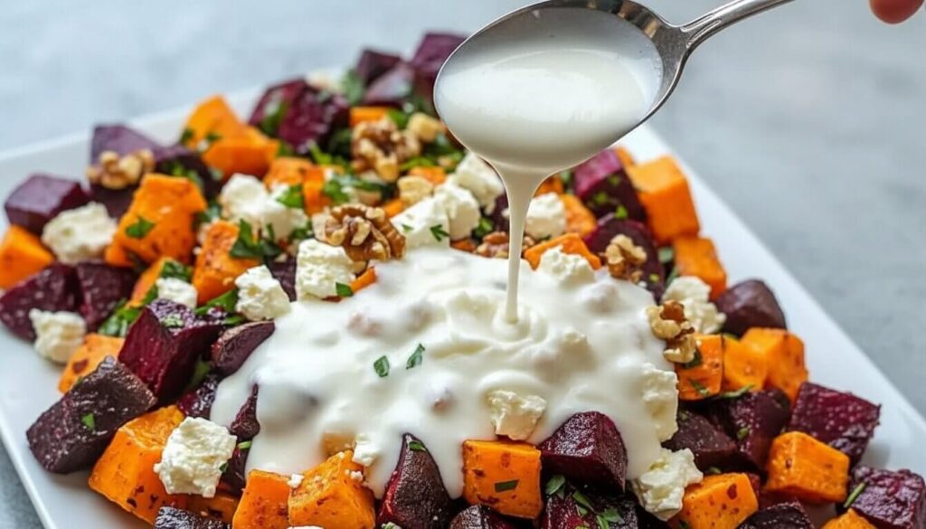 Creamy lemon yogurt dressing being poured over a roasted vegetable salad.