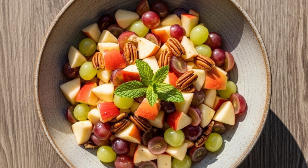 Honeycrisp apple salad with grapes, pecans, and celery in a white bowl.