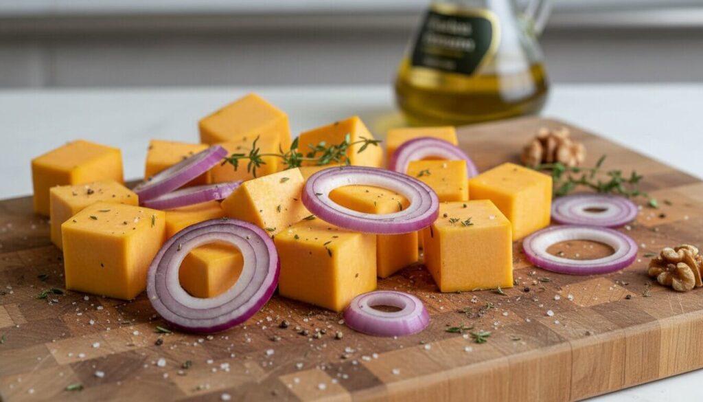 Raw cubed butternut squash and red onions prepared for roasting.