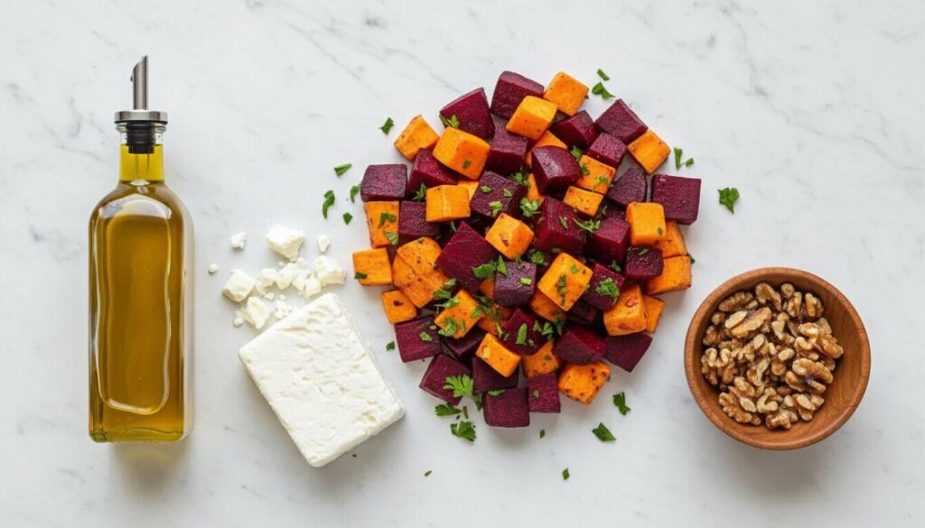 Ingredients for Mediterranean beet and sweet potato salad.