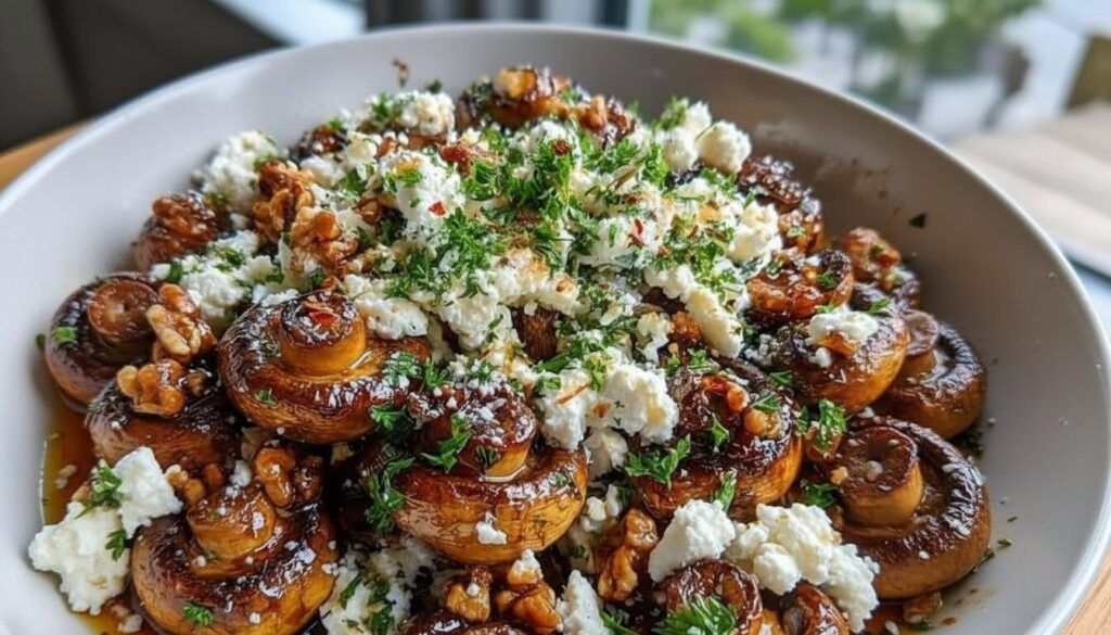 Caramelized mushroom salad with feta and walnuts in a ceramic bowl.