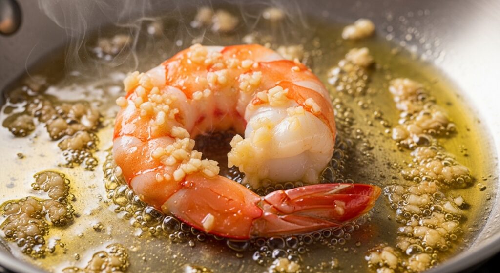 Searing fresh shrimp with garlic in a pan for a Mediterranean recipe.Searing fresh shrimp with garlic in a pan for a Mediterranean recipe.